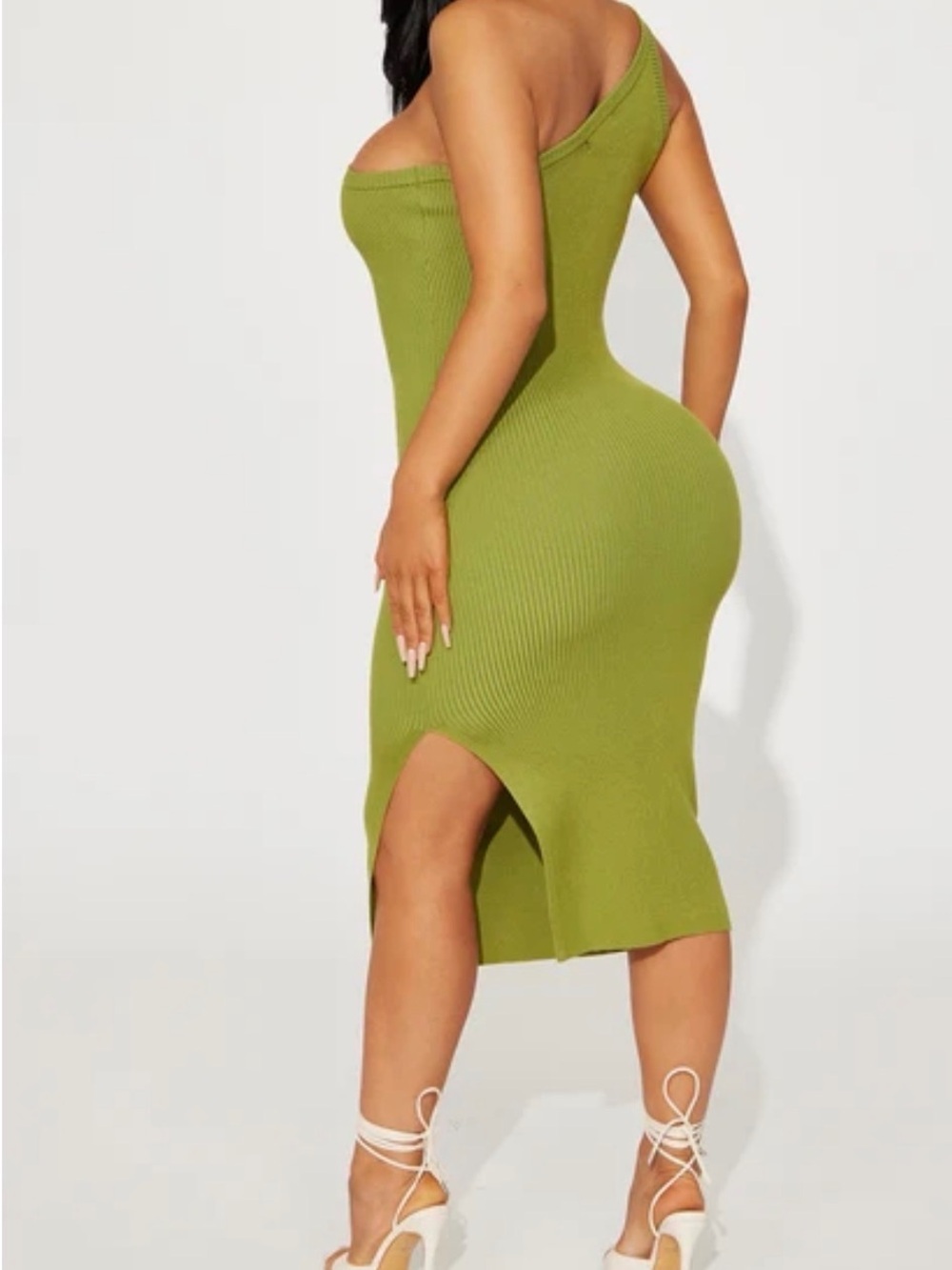 One-Shoulder Ribbed Midi Dress in Olive Green - Picture 2 of 6